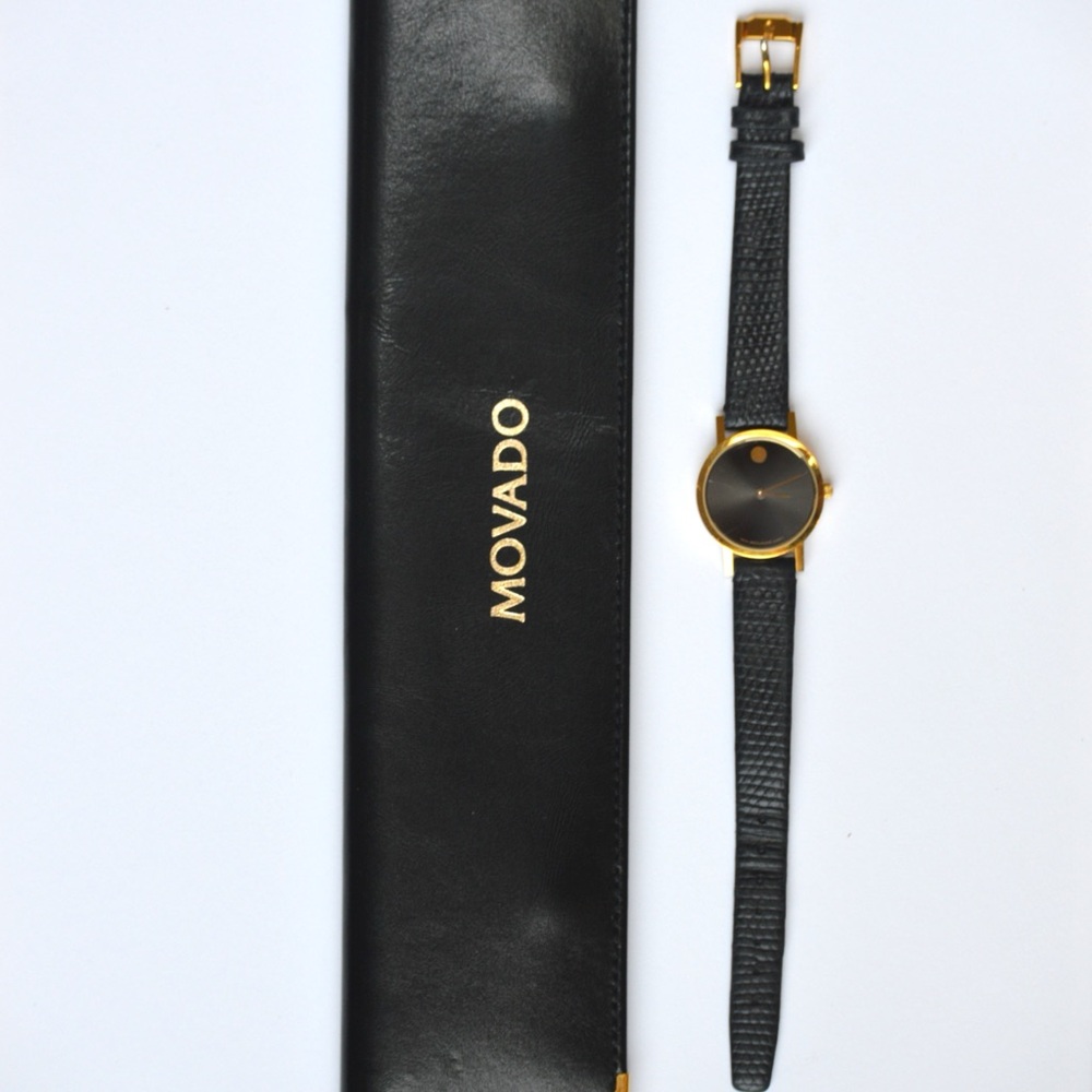 Movado Diamond Point Ladies Museum Watch with Black Leather Band